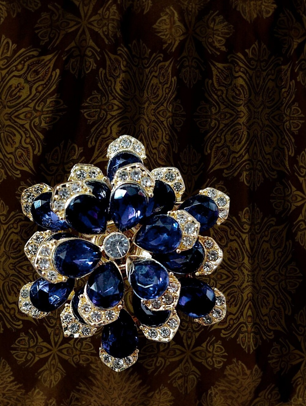 Layered Flower Brooch with Deep Blue Crystals